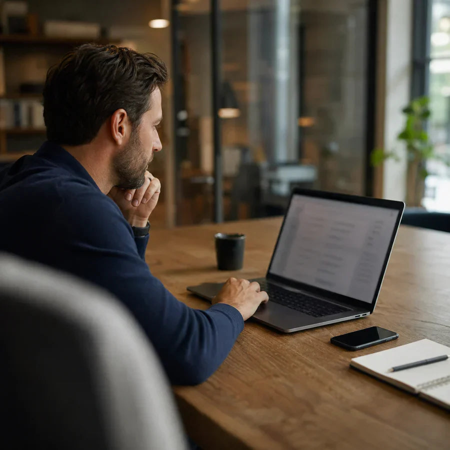 Man using a laptop on a wooden table with a notebook and smartphone