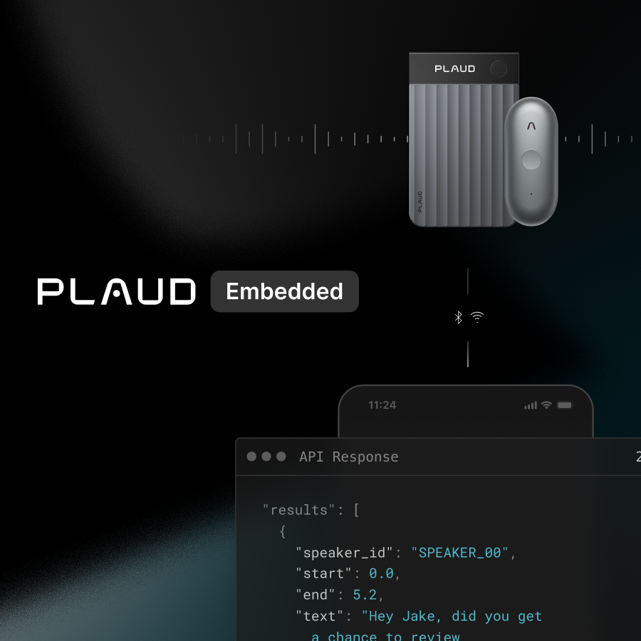 Plaud Note Pro and Plaud NotePin syncing data to an API response window for Plaud Embedded.