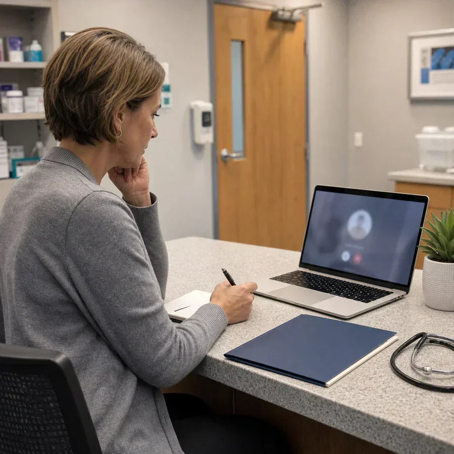 Clinician preparing a secure telehealth call in a medical office