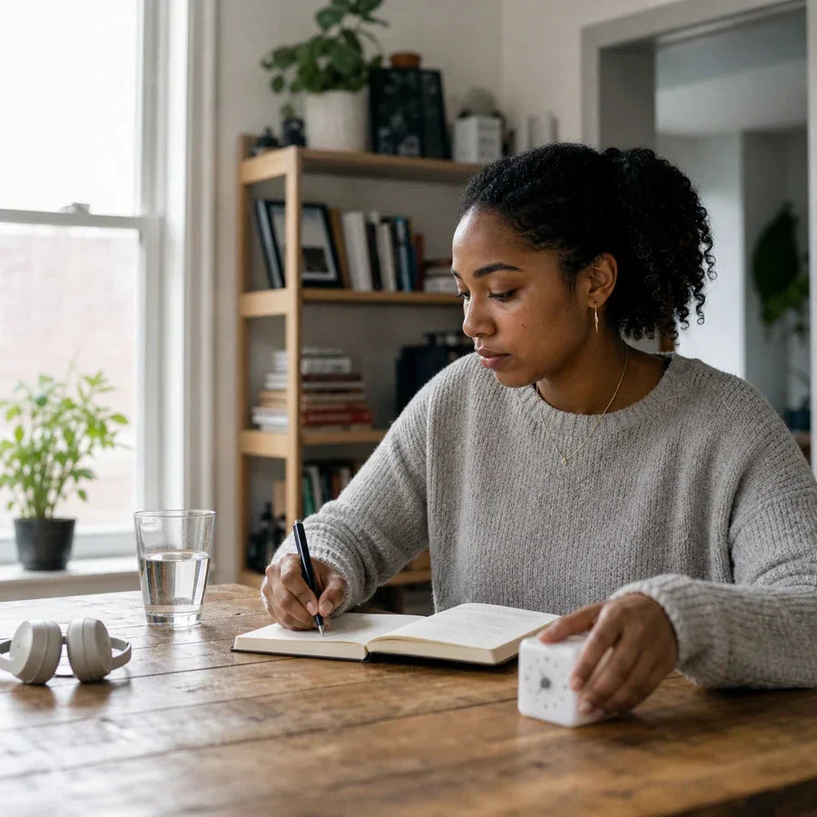 Adult with ADHD capturing an idea at a calm desk