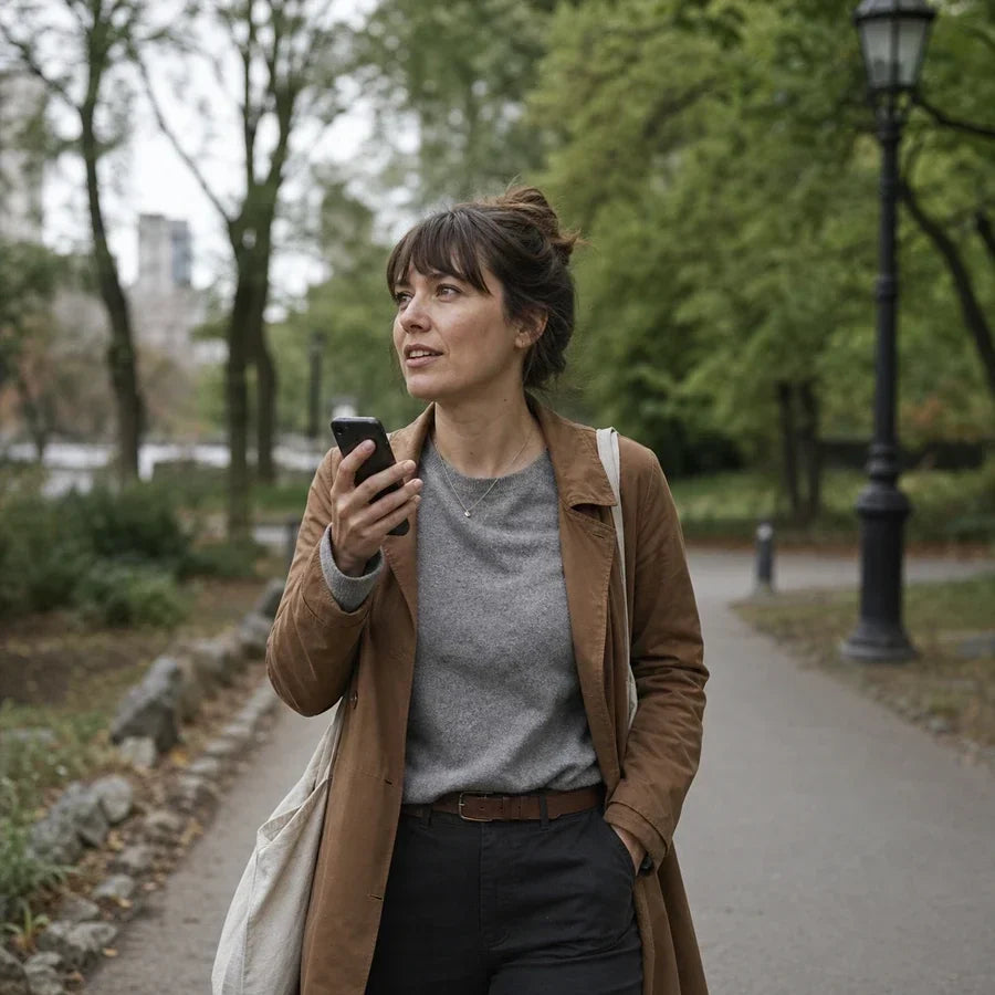 Woman walking outdoors while speaking into her phone