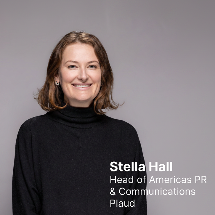 Stella Hall, Head of Americas PR & Communications at Plaud, smiling in a black turtleneck.