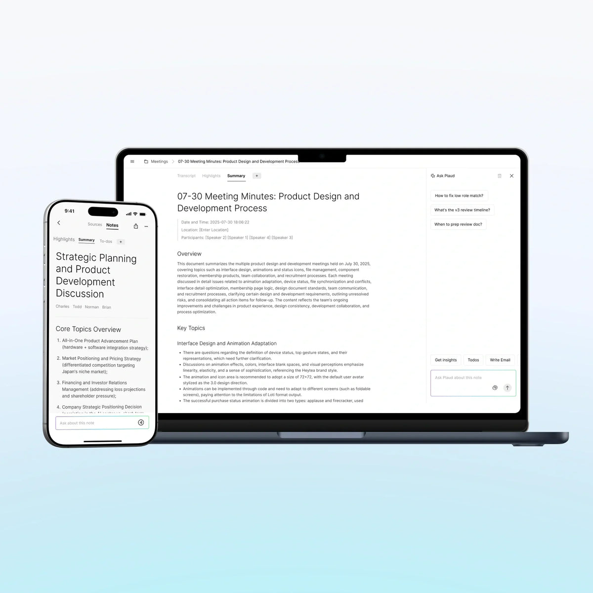 Screens of Plaud App 3.0 showcasing a clean UI and AI features like Ask Plaud and multidimensional summaries.