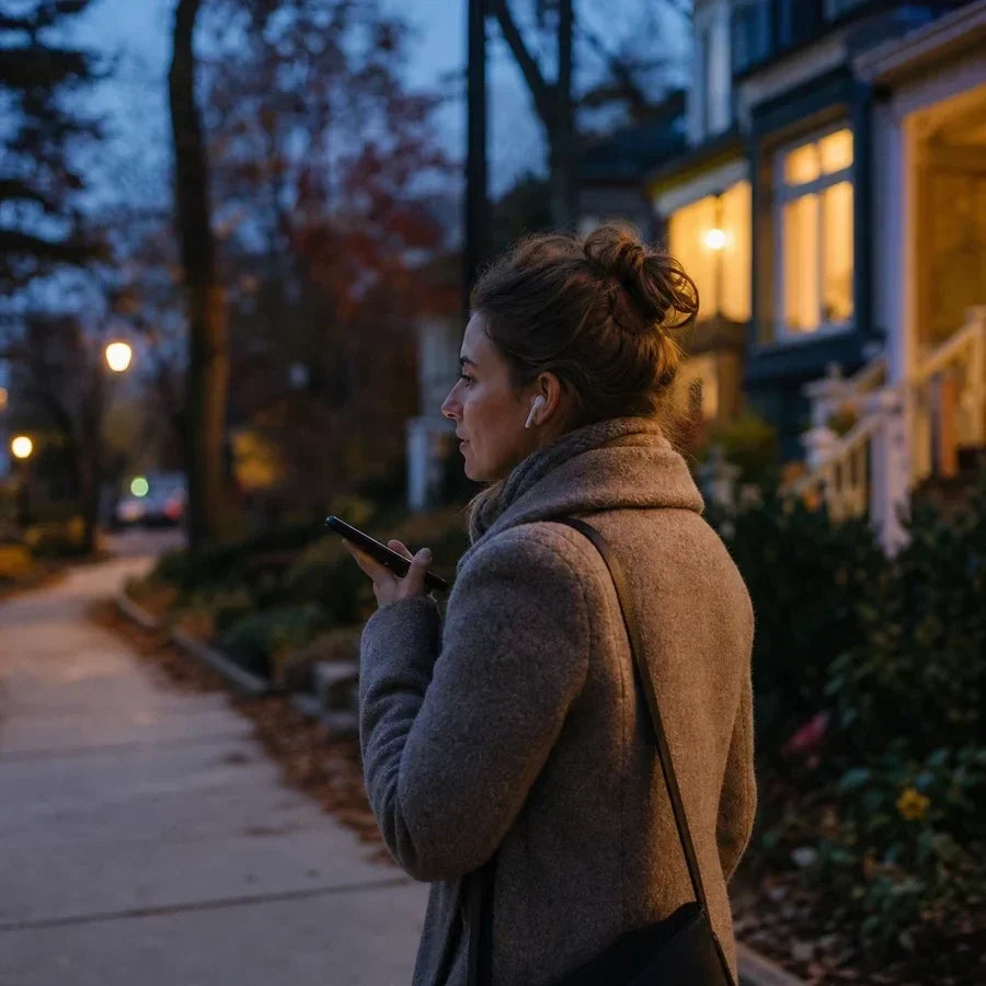Woman walking outside at dusk, speaking into her phone with wireless earbuds in