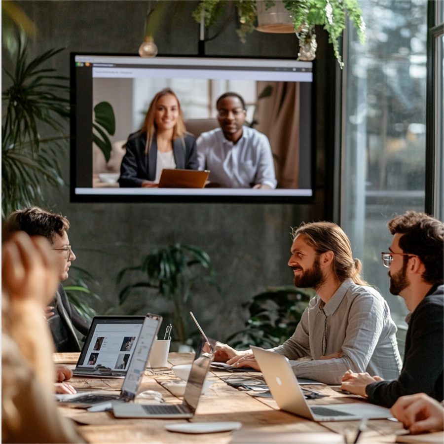 Team in a video conference meeting with colleagues on screen.