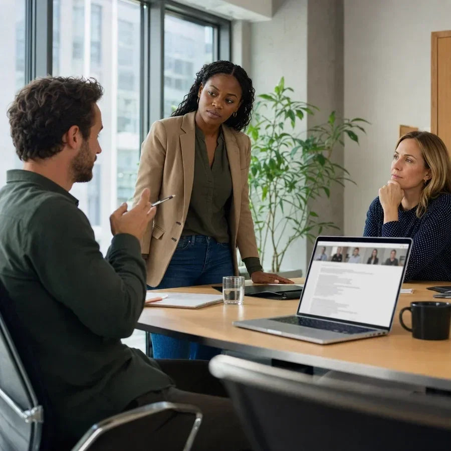 Colleagues in a meeting room with one person joining by video call on a laptop
