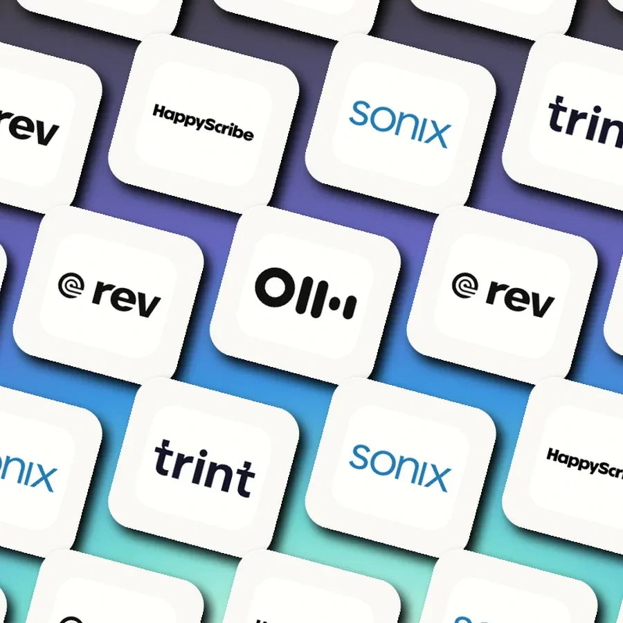 Logo mosaic featuring Trint, Sonix, HappyScribe, Rev, and Otter.ai.