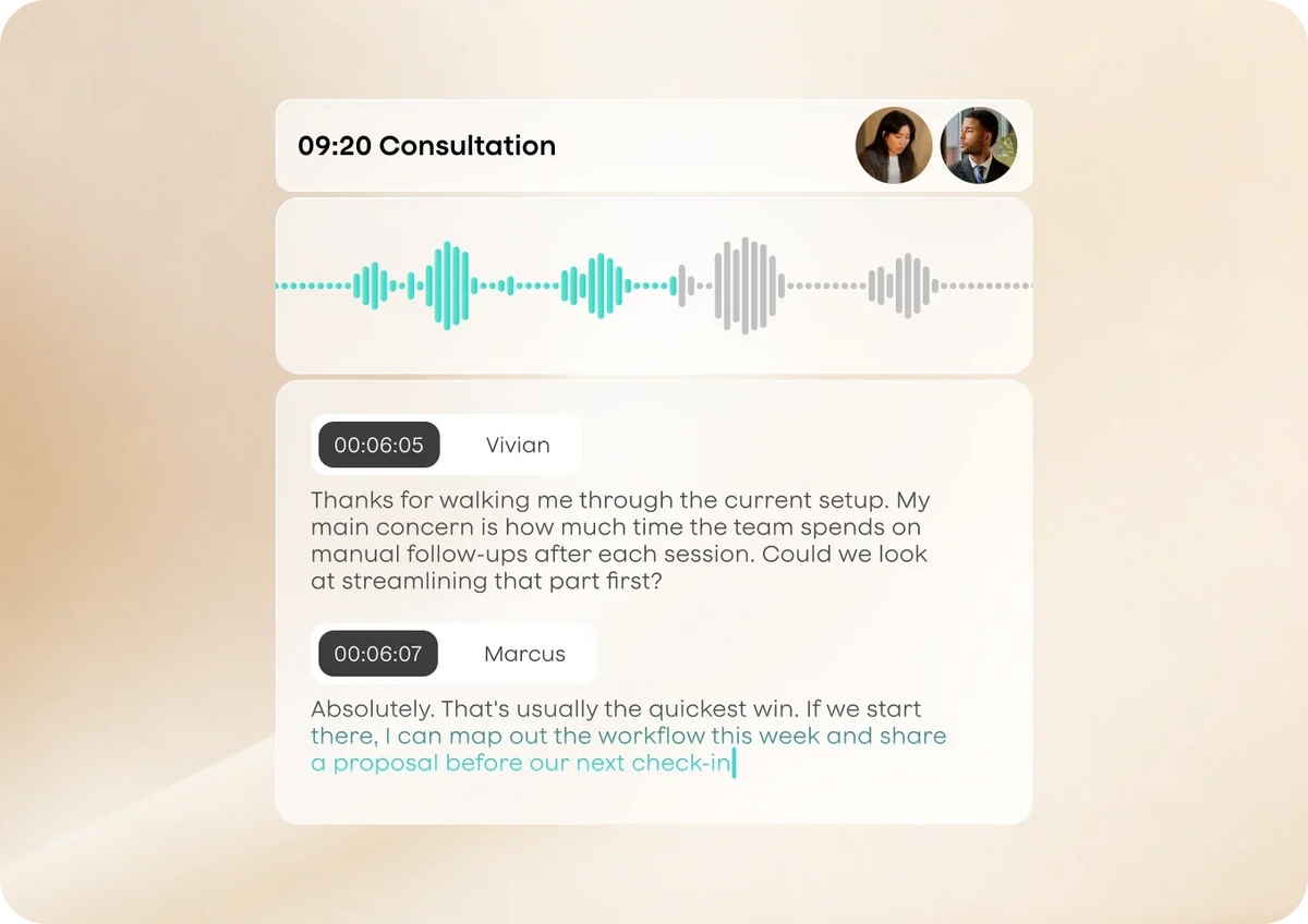 A consultation recording showing a waveform and a speaker-labelled transcript