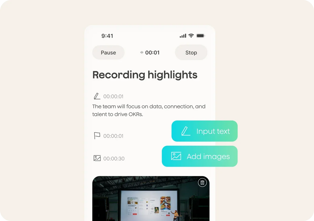 A recording screen with highlights, a flagged moment, an added photo, and controls to add images or notes