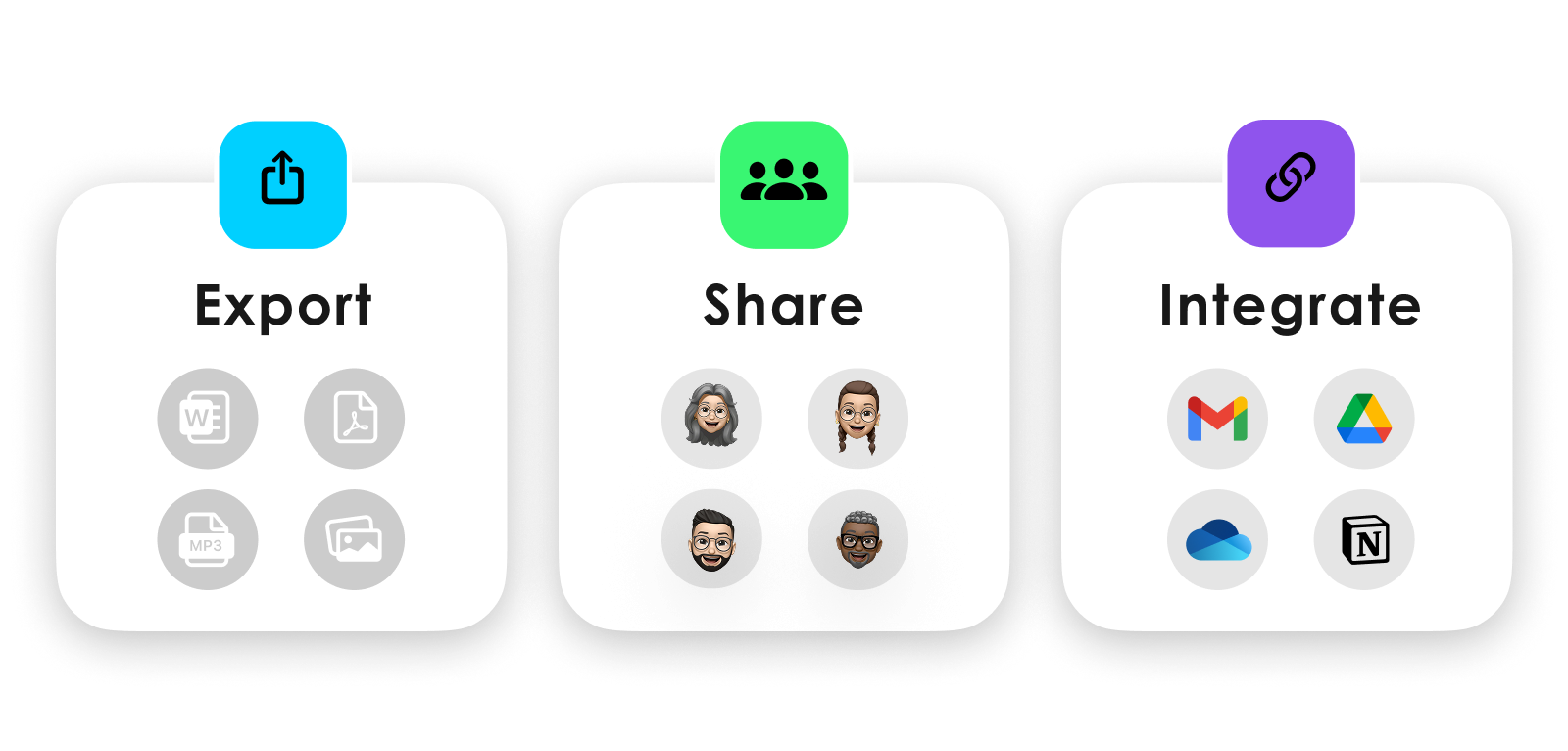 <span style="font-weight: h3;">Export. Share. Integrate.</span>
